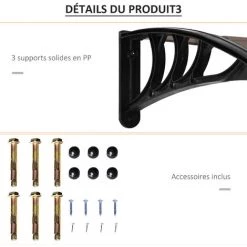 Outsunny Auvent Marquise De Porte Design Voûté Arrondi Dim. 195L X 80l X 23H Cm Polycarbonate Fumé Brun Plastique Noir - Marron -Outsunny Soldes Magasin 55776959 5