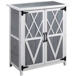 Outsunny Abri De Jardin Armoire De Jardin Remise Pour Outils Sur Pied Dim. 75L X 40l X 90H Cm 3 étagères 2 Portes Toit Tôle Bois Sapin Blanc Gris - Gris
