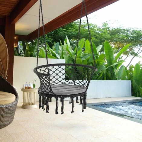 Outsunny Chaise Suspendue Hamac De Voyage Portable Dim. 80L X 60l X 36H M Macramé Coton Polyester Gris 4 Outsunny Chaise Suspendue Hamac De Voyage Portable Dim. 80L X 60l X 36H M Macramé Coton Polyester Gris – Image 2