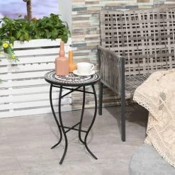 Outsunny Table Ronde Style Fer Forgé Bistro Plateau Mosaïque Céramique Métal époxy Anticorrosion Noir Blanc - Noir -Outsunny Soldes Magasin 56842109 2