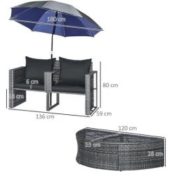 Outsunny Ensemble Salon De Jardin 2 Places 3 Pièces - Canapé 2 Places, Repose-pieds, Parasol - Coussins Inclus - Résine Tressée Gris -Outsunny Soldes Magasin 56842125 3
