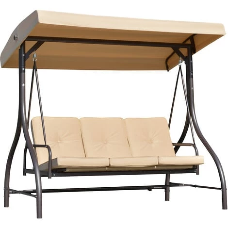 Outsunny Balancelle De Jardin 3 Places Convertible Toit Inclinaison Réglable Métal époxy Brun Polyester Beige - Beige 3 Outsunny Balancelle De Jardin 3 Places Convertible Toit Inclinaison Réglable Métal époxy Brun Polyester Beige - Beige