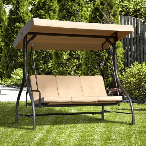 Outsunny Balancelle De Jardin 3 Places Convertible Toit Inclinaison Réglable Métal époxy Brun Polyester Beige - Beige 4 Outsunny Balancelle De Jardin 3 Places Convertible Toit Inclinaison Réglable Métal époxy Brun Polyester Beige - Beige – Image 2