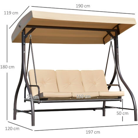 Outsunny Balancelle De Jardin 3 Places Convertible Toit Inclinaison Réglable Métal époxy Brun Polyester Beige - Beige 5 Outsunny Balancelle De Jardin 3 Places Convertible Toit Inclinaison Réglable Métal époxy Brun Polyester Beige - Beige – Image 3