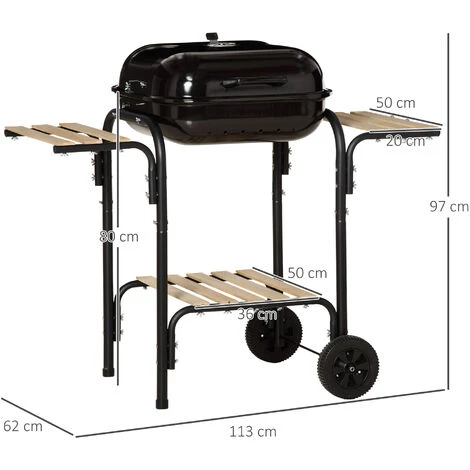 Outsunny Barbecue à Charbon - BBQ Grill Sur Pied Avec Couvercle, Roulettes - 3 étagères, 3 Crochets, 3 Ustensiles, 2 Grilles, Cuve Charbon Amovible - Bois Acier émaillé Noir - Noir 5 Outsunny Barbecue à Charbon - BBQ Grill Sur Pied Avec Couvercle, Roulettes - 3 étagères, 3 Crochets, 3 Ustensiles, 2 Grilles, Cuve Charbon Amovible - Bois Acier émaillé Noir - Noir – Image 3