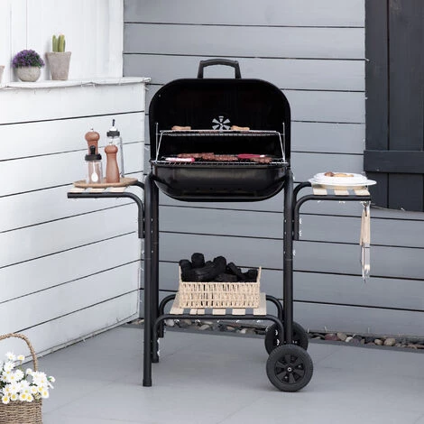 Outsunny Barbecue à Charbon - BBQ Grill Sur Pied Avec Couvercle, Roulettes - 3 étagères, 3 Crochets, 3 Ustensiles, 2 Grilles, Cuve Charbon Amovible - Bois Acier émaillé Noir - Noir 6 Outsunny Barbecue à Charbon - BBQ Grill Sur Pied Avec Couvercle, Roulettes - 3 étagères, 3 Crochets, 3 Ustensiles, 2 Grilles, Cuve Charbon Amovible - Bois Acier émaillé Noir - Noir – Image 4