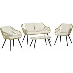 Outsunny Salon De Jardin 4 Pers. 4 Pièces Style Exotique Métal époxy Noir Résine Imitation Bambou Coussins Grand Confort Inclus Polyester Beige - Beige