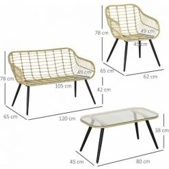 Outsunny Salon De Jardin 4 Pers. 4 Pièces Style Exotique Métal époxy Noir Résine Imitation Bambou Coussins Grand Confort Inclus Polyester Beige - Beige -Outsunny Soldes Magasin 59671638 3