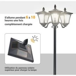 Outsunny Lampadaire De Jardin Luminaire Extérieur Solaire LED 3 Têtes 120 Lm Dim. 51,5L X 47l X 182,5H Cm Acier Inox. Plastique Noir - Noir -Outsunny Soldes Magasin 64017045 4
