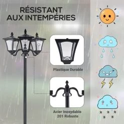 Outsunny Lampadaire De Jardin Luminaire Extérieur Solaire LED 3 Têtes 120 Lm Dim. 51,5L X 47l X 182,5H Cm Acier Inox. Plastique Noir - Noir -Outsunny Soldes Magasin 64017045 5