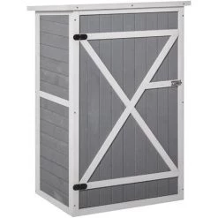 Outsunny Armoire Abri De Jardin Remise Pour Outils - Grande Porte Verrouillable Loquet - 2 étagères - Toit Bitumé Incliné Bois De Sapin Blanc Gris - Gris