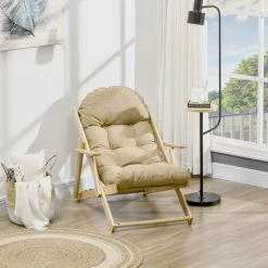 Outsunny HOMCOM Fauteuil Chaise Pliable Et Inclinable En Bois Grand Confort Avec Coussin Capitonné épais - Dim. 71I X 89P X 96H Cm - Beige -Outsunny Soldes Magasin 67360658 4