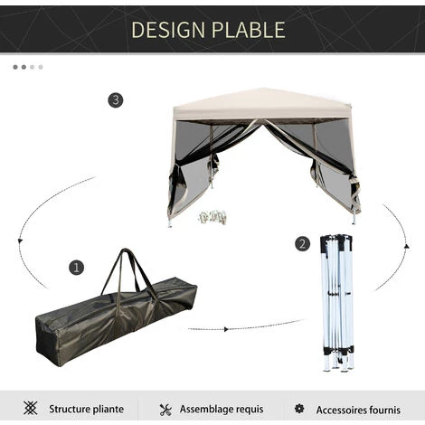 Outsunny Tonnelle Barnum Pliant Pop-up Style Colonial 2,97L X 2,97l X 2,55H M 4 Moustiquaires + Sac De Transport Beige Noir - Beige 6 Outsunny Tonnelle Barnum Pliant Pop-up Style Colonial 2,97L X 2,97l X 2,55H M 4 Moustiquaires + Sac De Transport Beige Noir - Beige – Image 4