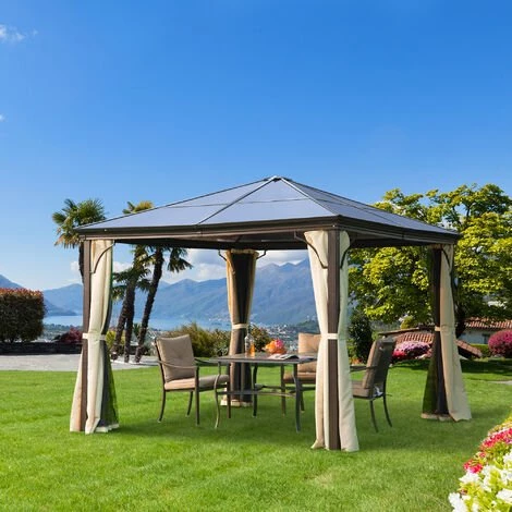 Outsunny Tonnelle Pavillon De Jardin Imperméable 4 Parois Latérales Anti-UV 4 Moustiquaires Panneaux Polycarbonate Alu 3L X 3l X 2,6H M Chocolat Beige - Marron 4 Outsunny Tonnelle Pavillon De Jardin Imperméable 4 Parois Latérales Anti-UV 4 Moustiquaires Panneaux Polycarbonate Alu 3L X 3l X 2,6H M Chocolat Beige - Marron – Image 2
