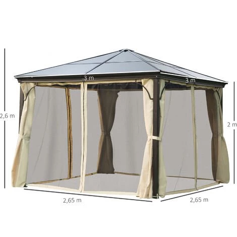 Outsunny Tonnelle Pavillon De Jardin Imperméable 4 Parois Latérales Anti-UV 4 Moustiquaires Panneaux Polycarbonate Alu 3L X 3l X 2,6H M Chocolat Beige - Marron 5 Outsunny Tonnelle Pavillon De Jardin Imperméable 4 Parois Latérales Anti-UV 4 Moustiquaires Panneaux Polycarbonate Alu 3L X 3l X 2,6H M Chocolat Beige - Marron – Image 3