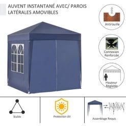 Outsunny Tonnelle De Jardin Tente Pliante Barnum Pop-up 2 X 2 M 4 Parois Latérales Amovibles 2 Fenêtres Sac De Transport Pour Camping, Festival, Plage, Jardin Bleu -Outsunny Soldes Magasin 6812090 5