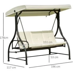 Outsunny Balancelle De Jardin 3 Places Convertible Inclinaison Toit Réglable Matelas Grand Confort Rembourrage 8 Cm Fourni 1,96L X 1,17l X 1,78H M Métal époxy Noir Crème - Beige -Outsunny Soldes Magasin 6812178 3