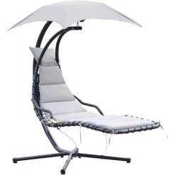 Outsunny Bain De Soleil Transat Suspendu Avec Pare-soleil Et Matelas Design Contemporain 190L X 115l X 190H Cm Acier Polyester Gris Noir