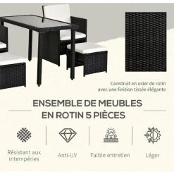 Outsunny Ensemble Salon De Jardin Encastrable 2 Fauteuils Monoblocs + 2 Tabourets + Table Basse Résine Tressée 4 Fils Coussins Déhoussables Crème Noir -Outsunny Soldes Magasin 6812201 5