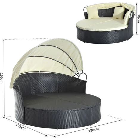 Outsunny Lit Canapé De Jardin Modulable Grand Confort Pare-soleil Pliable Intégré 4 Coussins 3 Oreillers 171L X 180l X 155H Cm Métal Résine Tressée Polyester Noir Beige - Noir 5 Outsunny Lit Canapé De Jardin Modulable Grand Confort Pare-soleil Pliable Intégré 4 Coussins 3 Oreillers 171L X 180l X 155H Cm Métal Résine Tressée Polyester Noir Beige - Noir – Image 3