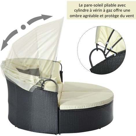 Outsunny Lit Canapé De Jardin Modulable Grand Confort Pare-soleil Pliable Intégré 4 Coussins 3 Oreillers 171L X 180l X 155H Cm Métal Résine Tressée Polyester Noir Beige - Noir 7 Outsunny Lit Canapé De Jardin Modulable Grand Confort Pare-soleil Pliable Intégré 4 Coussins 3 Oreillers 171L X 180l X 155H Cm Métal Résine Tressée Polyester Noir Beige - Noir – Image 5