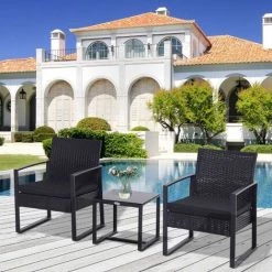 Outsunny Salon De Jardin 2 Places 3 Pièces 2 Chaises Avec Coussins + Table Basse Plateau Verre Trempé Résine Tressée 4 Fils Imitation Rotin Noir -Outsunny Soldes Magasin 6812205 2