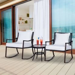 Outsunny Ensemble De Jardin 3 Pièces Style Cosy 2 Fauteuils à Bascule Avec Coussins Assise Dossier + Table Basse Résine Tressée Brun Crème - Marron -Outsunny Soldes Magasin 6812207 2