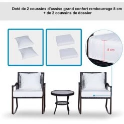 Outsunny Ensemble De Jardin 3 Pièces Style Cosy 2 Fauteuils à Bascule Avec Coussins Assise Dossier + Table Basse Résine Tressée Brun Crème - Marron -Outsunny Soldes Magasin 6812207 4