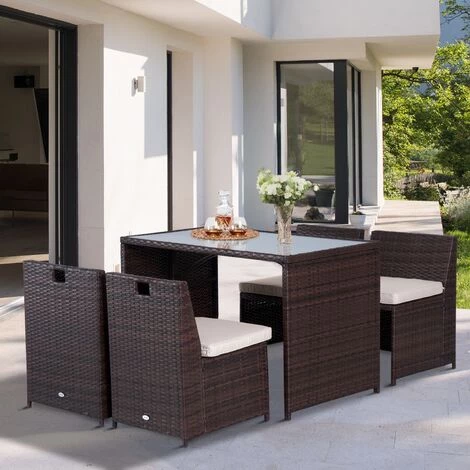 Outsunny Ensemble Salon De Jardin Encastrable 4 Chaises Monoblocs Avec Coussins Déhoussables Et Table Résine Tressée Chocolat - Marron 4 Outsunny Ensemble Salon De Jardin Encastrable 4 Chaises Monoblocs Avec Coussins Déhoussables Et Table Résine Tressée Chocolat - Marron â Image 2