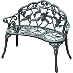 Outsunny Banc De Jardin 2 Places Style Néo-rétro Motif Rose Lignes Fuselées 100L X 54l X 78H Cm Fonte D'aluminium Vert Vieilli - Noir