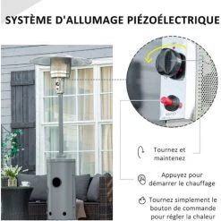 Outsunny Parasol Chauffant Commercial 12,5 KW - Chauffage Extérieur Gaz - Chauffage De Terrasse - Double Sécurité - Puissance Réglable - Roulettes - Acier Inox. Gris - Gris -Outsunny Soldes Magasin 71178612 5