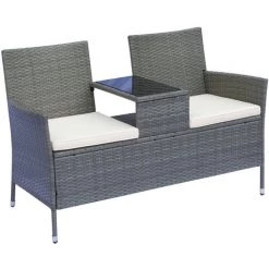 Outsunny Banc De Jardin Design Contemporain 133L X 63l X 84H Cm Banc Double Chaise Avec Coussins Assise + Tablette Intégrée Résine Tressée Grise Polyester Crème