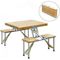 Outsunny Table De Camping Jardin Pique-nique Pliante En Bois Avec 4 Sieges