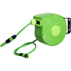 Outsunny Dévidoir Mural Enrouleur Automatique Pivotant 180° Tuyau 10 + 1 M Avec Lance Arrosage Support Mural Intégré Vert - Vert