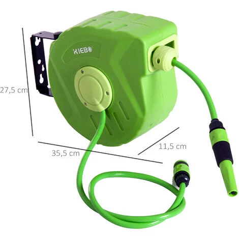 Outsunny Dévidoir Mural Enrouleur Automatique Pivotant 180° Tuyau 10 + 1 M Avec Lance Arrosage Support Mural Intégré Vert - Vert 5 Outsunny Dévidoir Mural Enrouleur Automatique Pivotant 180° Tuyau 10 + 1 M Avec Lance Arrosage Support Mural Intégré Vert - Vert – Image 3