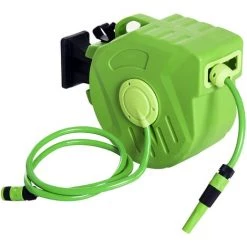Outsunny Dévidoir Mural Enrouleur Automatique Pivotant 180° Tuyau 20 + 2 M Avec Lance Arrosage Support Mural Intégré Vert