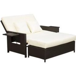 Outsunny Ensemble De Jardin 2 Places : Canapé Dossier Inclinable Tablettes Coffre Matelas Et Coussins Intégrées + Repose-pieds Résine Tressée Chocolat Polyester Crème