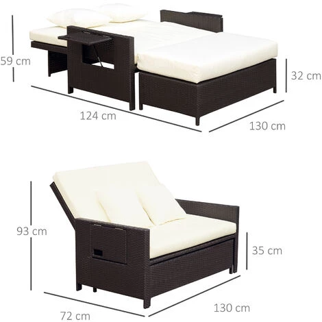 Outsunny Ensemble De Jardin 2 Places : Canapé Dossier Inclinable Tablettes Coffre Matelas Et Coussins Intégrées + Repose-pieds Résine Tressée Chocolat Polyester Crème 5 Outsunny Ensemble De Jardin 2 Places : Canapé Dossier Inclinable Tablettes Coffre Matelas Et Coussins Intégrées + Repose-pieds Résine Tressée Chocolat Polyester Crème – Image 3