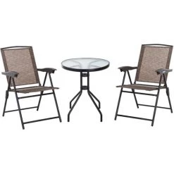 Outsunny Ensemble De Jardin 3 Pièces 2 Chaises Inclinables Multi-positions Pliables + Table Ronde Verre Trempé Métal époxy Textilène Chocolat