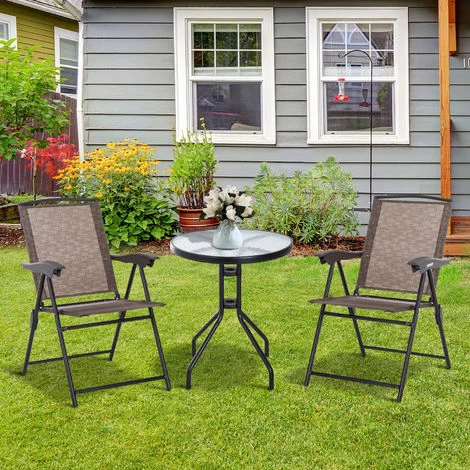 Outsunny Ensemble De Jardin 3 Pièces 2 Chaises Inclinables Multi-positions Pliables + Table Ronde Verre Trempé Métal époxy Textilène Chocolat 4 Outsunny Ensemble De Jardin 3 Pièces 2 Chaises Inclinables Multi-positions Pliables + Table Ronde Verre Trempé Métal époxy Textilène Chocolat – Image 2