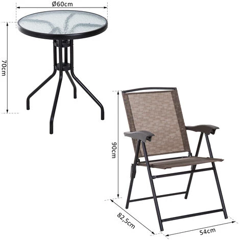 Outsunny Ensemble De Jardin 3 Pièces 2 Chaises Inclinables Multi-positions Pliables + Table Ronde Verre Trempé Métal époxy Textilène Chocolat 5 Outsunny Ensemble De Jardin 3 Pièces 2 Chaises Inclinables Multi-positions Pliables + Table Ronde Verre Trempé Métal époxy Textilène Chocolat – Image 3