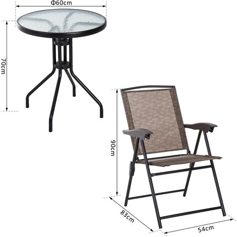 Outsunny Ensemble De Jardin 3 Pièces 2 Chaises Inclinables Multi-positions Pliables + Table Ronde Verre Trempé Métal époxy Textilène Chocolat 6 Outsunny Ensemble De Jardin 3 Pièces 2 Chaises Inclinables Multi-positions Pliables + Table Ronde Verre Trempé Métal époxy Textilène Chocolat – Image 4