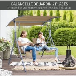 Outsunny Balancelle Design De Jardin 2 Places Inclinaison Toit Réglable Tablette Rétractable Rangement Acier Gris Clair Beige -Outsunny Soldes Magasin 8011412 4
