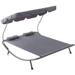 Outsunny Bain De Soleil 2 Places Lit De Jardin Design Contemporain Toit Réglable 2 Roulettes 2 Oreillers Acier époxy Polyester Gris