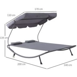 Outsunny Bain De Soleil 2 Places Lit De Jardin Design Contemporain Toit Réglable 2 Roulettes 2 Oreillers Acier époxy Polyester Gris -Outsunny Soldes Magasin 8192707 3