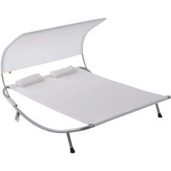 Outsunny Bain De Soleil 2 Places Lit De Jardin Design Contemporain Toit Réglable 2 Roulettes 2 Oreillers Acier époxy Polyester Crème