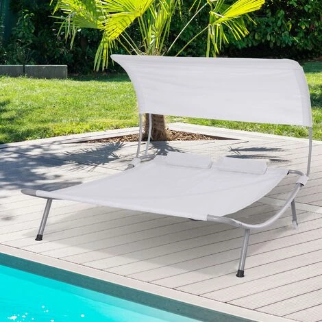 Outsunny Bain De Soleil 2 Places Lit De Jardin Design Contemporain Toit Réglable 2 Roulettes 2 Oreillers Acier époxy Polyester Crème 4 Outsunny Bain De Soleil 2 Places Lit De Jardin Design Contemporain Toit Réglable 2 Roulettes 2 Oreillers Acier époxy Polyester Crème – Image 2