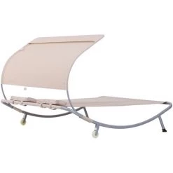 Outsunny Bain De Soleil 2 Places Lit De Jardin Design Contemporain Toit Réglable 2 Roulettes 2 Oreillers Acier époxy Polyester Sable - Marron -Outsunny Soldes Magasin 8192709 4