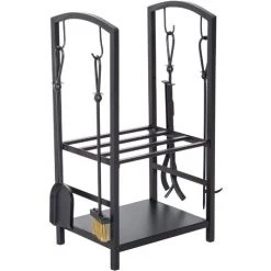 Outsunny Serviteur De Cheminée - Porte Bûches - Range Bûches Multi Accessoires 2 étagères 40L X 30l X 75H Cm Métal Noir - Noir
