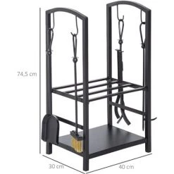 Outsunny Serviteur De Cheminée - Porte Bûches - Range Bûches Multi Accessoires 2 étagères 40L X 30l X 75H Cm Métal Noir - Noir -Outsunny Soldes Magasin 9167405 3